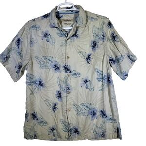 Tommy Bahama Shirt Mens Large Beige Blue Silk Floral Hawaiian Button Up Island